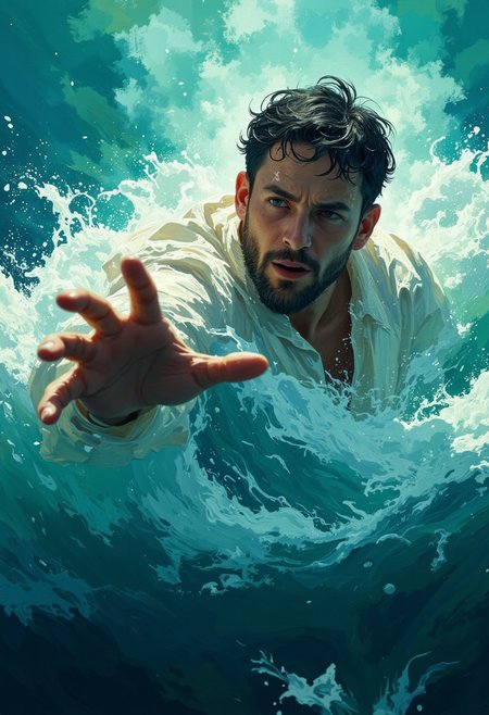 This image captures a dramatic and emotional moment, with a man submerged in turbulent water, reaching out to the viewer with an intense and purposeful expression. The dynamic lighting, realistic textures of water, and vibrant blue-green palette evoke a powerful sense of struggle and hope, enhanced by symbolic allusions to faith and salvation. The overall composition creates an immersive and spiritual atmosphere, resonating with themes of trust, rescue, and divine intervention.