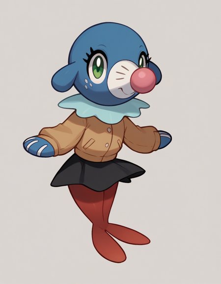 score_9, score_8_up, score_7_up, score_6_up, score_5_up, score_4_up, 1girl, full body, solo, 
corduroy jacket over fitted turtlekneck,, black skirt, pantyhose, red pantyhose,
freckles, <lora:Popplio_v0-4-lora:0.8> popplio, blue fur, white snout, pink nose, droopy ears, whisker markings, blue collar, frilled collar, pokemon \(creature\), (seal \(animal\):1.2), green eyes, eyelashes, pinniped, flippers,
