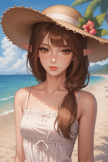score_9, score_8_up, score_7_up, score_6_up, source_anime, 2d, ((pastel, sketch)), 
1 female, solo, portrait, looking at viewer,
elwyn, elf ears, brown hair, brown eyes, hair over one shoulder, 
thin, petite, lips, cute, white sundress, beach, palm trees, straw hat, narrowed eyes, 
<lora:Elwyn:0.6>
