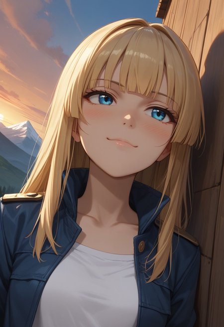 (score_9, score_8_up, score_7_up), 1girl, solo,( blonde hair), blue eyes, long hair, hime cut, long bangs, small breasts, collarbone,  open jacket, white crop top, leather jacket, blue jacket, sunset, leaning on wall, wooden wall, 
( face focus, from below, close-up:1.3),  metal railguard, mountains, 
fisheye, (relaxed, looking away, dutch angle:1.2), 
smug, blush