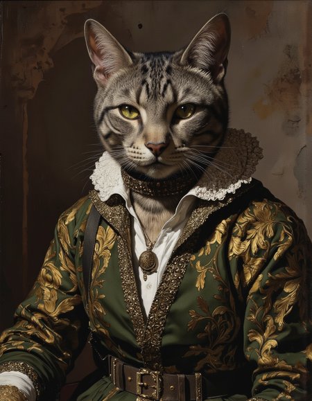 ZooPolis art.
A cinematic photograph of Rembrandt style full body shot of old antropomorphic cat. Whole outfit, clear, sharp, balanced. Baroque, chiaroscuro, realistic, emotional.