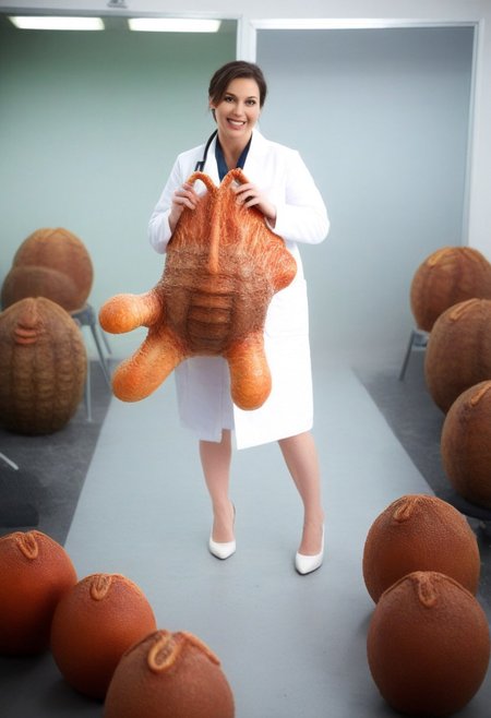 fchgr, blood orange style, xenoegg, view of a group of hatched xenoeggs, xenoeggs made of orange peel, horror theme, green light, space station interior, foggy ground, beautifully lit,
Female Doctor in lab coat with facehugger jumping at her, facehugger, alien facehugger