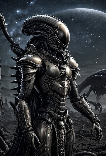 An insanely Detailed Divine Xenomorph, Golden and silver in color, a crimson tinge to the golden color, Hyperdetailed, Omnipresent, Beautiful, Sinister overtones, otherworldly,((masterpiece, best quality)), fantasy, solo, 1 alien knight, silver armor chestplate with silver medieval ornaments and runes, galactic night sky background, perfect composition, sidelighting, outdoor, in a duster standing alone in the desert, art by hr giger,