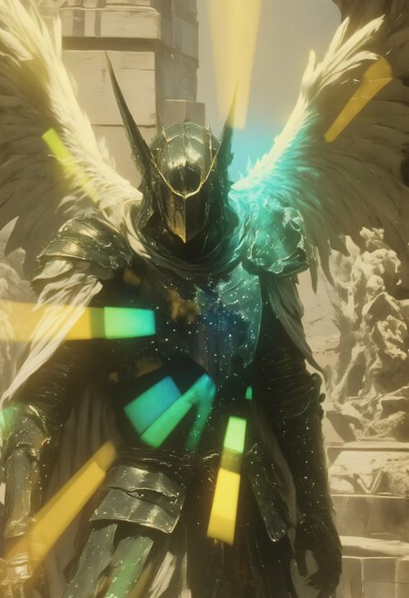 roger-style, a ultra-detailed vintage-style photograph of a Sephirot knight in a translucent, holographic form, standing in a dynamic fighting stance. The knight's figure shifts between near transparency and full density, glowing with an ethereal, neon-futuristic light in hues of pale yellow and faint green. Its billowing cape seems to dissolve into the air, creating an overblended effect that emphasizes its surreal, otherworldly nature. The environment is bathed in a hazy, neon-futuristic atmosphere, with volumetric lighting casting fragmented, refracted beams that dance across the knight’s semi-transparent form. The interplay of light and shadow gives the scene a painterly yet vintage photographic quality, blending soft, overexposed highlights with rich, glowing details. A muted, futuristic background with subtle geometric patterns completes the cinematic, retro-futuristic masterpiece.