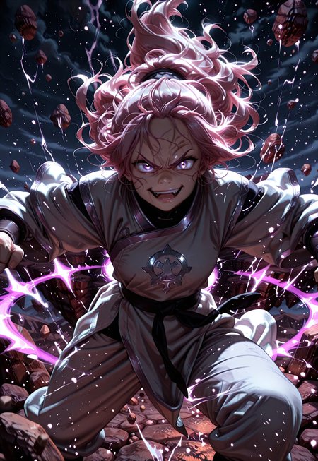 (masterpiece), best quality, amazing quality, very aesthetic, absurdres, newest, solo, CivChan in the Avatar Animation style, purple eyes, pink hair, wicked smile, embroidered karate fighting robes, black and silver, dynamic pose, angry, r0cks, outdoors, rocks, floating rocks, floating islands, surrounded by mystical energy, dark, volumetric lighting, cinematic lighting, extreme perspective, Smooth Quality