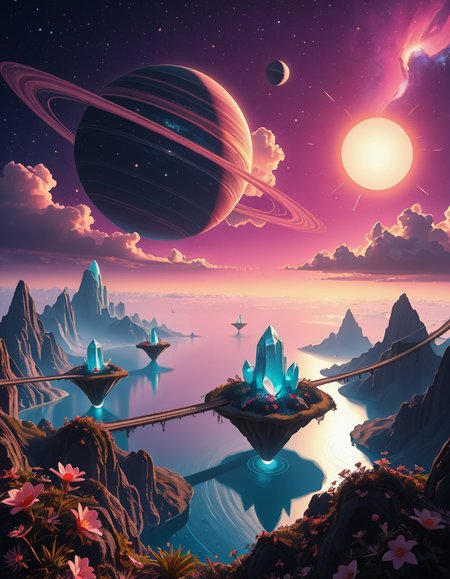 A breathtaking, high-resolution photograph of a celestial paradiseâa stunning, habitable planet floating in the vastness of space. The sky is a mesmerizing blend of deep purples, blues, and pinks, illuminated by twin suns casting golden light over the landscape. Towering crystal mountains shimmer in the distance, reflecting the vibrant hues of the nebula-filled sky. A vast, glowing ocean stretches across the horizon, its surface gently rippling with bioluminescent waves. Floating islands covered in lush, alien vegetation hover above the water, connected by natural bridges of luminescent vines. Exotic, radiant flowers bloom in every color imaginable, while gentle, ethereal creatures with translucent wings glide through the air. In the sky, a massive ringed gas giant looms majestically, its swirling clouds casting soft shadows over the dreamlike terrain. The air shimmers with floating particles of light, creating a surreal, otherworldly ambiance. The entire scene feels like a cosmic utopiaâtranquil, awe-inspiring, and untouched by time.
<lora:SDXLFaeTastic2400:0.4> <lora:extremely_detailed:0.4> extremely detailed,Celestial p4r4d1s3, <lora:Celestial_p4r4d1s3-i:1>, Masterpiece,best quality,hi res,8k,hi res,8k,award winning,(sharp focus, intricate, highly detailed),