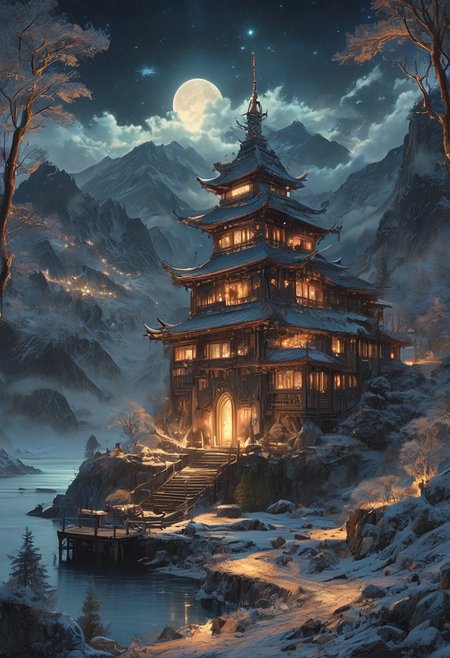 A captivating night scene illustration featuring a grand WOODEN norse long house standing tall on a large snowy hill overlooking a lake. The beautiful long house adorned with some windows, emits a warm glow, highlighting its incredible craftsmanship. The snowy  hill is covered in great pine trees, reflecting on the calm, moonlit snow  that mirrors the silvery moonlight. The full moon graces the sky, casting an ethereal glow on the clouds and mountain, while wispy clouds partially obscure its brilliance, adding to the scene's mystique. Twinkling stars dot the sky, creating a celestial tapestry that harmonizes with the moon's radiance. This enchanting artwork captures a serene and peaceful night, where the illuminated WOODEN Norse longhouse stands resolute amidst the celestial beauty, creating a cinematic experience., illustration, cinematic
<lora:DonM3t3rn1tyXL-v1.1:0.7>, DonM3t3rn1tyXL,
OverallDetailXL  <lora:MJ52:0.3>  <lora:SDXLFaeTastic2400:0.4>  <lora:EpicF4nta5yXL:0.7>