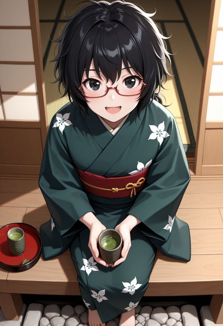 masterpiece,best quality,absurdres,highres,very aesthetic,high quality,detailed,insanely detailed,beautiful,perfect lighting, looking at viewer 
 <lora:Oryou illu:1>japanese clothes, glasses, green tea, black hair, cup, sitting, , kimono, open mouth, barefoot, red-framed eyewear, smile, solo focus, black eyes, holding, messy hair, yunomi, blush,