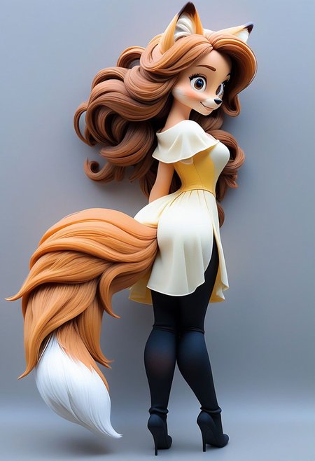 Realistic movie style, Belle, perfect hairy voluminous foxtail, her tail is a part of her anatomy, her tail is rooted at the top of the buttocks,