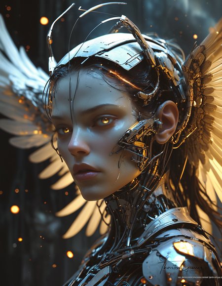 biomechanical cyberpunk A photorealistic portrait of a merciless archangel, their face a vision of divine beauty and unwavering resolve. Their eyes, windows to a soul hardened by countless battles, burn with an intensity that pierces through the veil of reality. Their expression is a symphony of conflicting emotions: righteous fury, unwavering determination, and a hint of sorrow for the fallen. Their wings, a majestic expanse of shimmering feathers, are spread wide, casting a shadow of divine judgment upon the world. The background is a maelstrom of celestial energy, swirling with nebulae, stars, and distant galaxies, creating a sense of infinite power and cosmic scale. The lighting is dramatic, highlighting the archangel's sculpted features and the intricate details of their flowing hair and wings. The overall effect is one of awe and reverence,  <lora:MJ52.safetensors:0.60>   . cybernetics, human-machine fusion, dystopian, organic meets artificial, dark, intricate, highly detailed