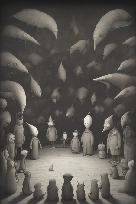 John Kenn Mortensen Style - Reference Shaun Tan.The environment is very dark, you can hardly see the characters. only their silhouettes. Render from the perspective of a person lying down looking up. Surrounded by 6 characters who look at him. Dreamlike, abstract and metaphysical environment.