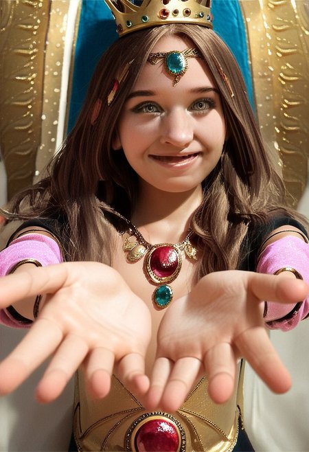 score_9, score_8_up, score_7_up, 1girl, (Pito:1.3), long brown hair, grey eyes, queen, dressed, golden crown, jewels, goddess, 30yo, (perfect hands:1.2),  
Inviting, quirky, flirtatious, (reaching toward the viewer), happy, head cocked,