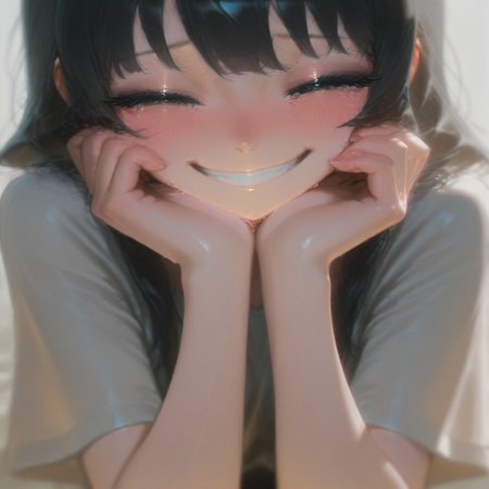 masterpiece, best quality, 1girl, solo, long hair, blush, smile, happy, tear, crying, black hair