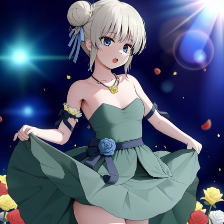 1girl, nishidate haku, by kodoto, 3d, huge breast, arm garter, arm ribbon, bare shoulders, blue eyes, blue flower, blue ribbon, blurry, blurry foreground, breasts, dot nose, dress, falling petals, film grain, flower, green dress, green skirt, hair bun, holding, holding microphone, ivy, jewelry, lens flare, looking at viewer, microphone, necklace, open mouth, petals, red flower, ribbon, rose, screen, short hair, sidelocks, skirt, skirt hold, small breasts, solo, sparkle, strapless, strapless dress, white flower, white hair, white rose, yellow flower,