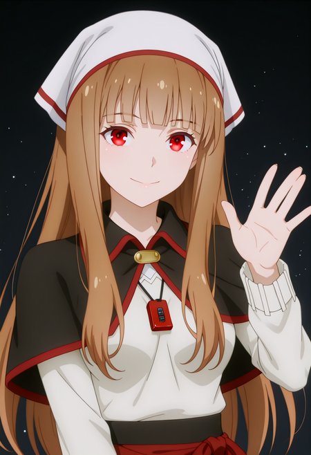 <lora:Gradient_Background:1> Gr_Back, Gradient Background, dark background,(upper body:1.4),female focus, magic light particles, waving at viewer, close up, high detail face,
holooutfit2, 1girl, long brown hair, bangs, red eyes, fox ears, medium breast, | white headscarf, white long-sleeved shirt, long sleeves, ribbed cuffs, black capelet, short cape, red trim, red button, black long skirt, wide skirt, pants under skirt, red trim, red braided sash
 <lora:Holo_IL:1>,