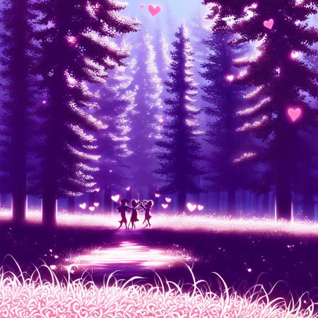 ral-vltne, Valentine's day beautiful scene, man and woman couple, vivid, intricate, embrace, happy, joyful, cupid in the distance, couple kissing, seen from afar, forest, silhouettes, black silhouettes, hearts, forest, grass, tree, path, river, night