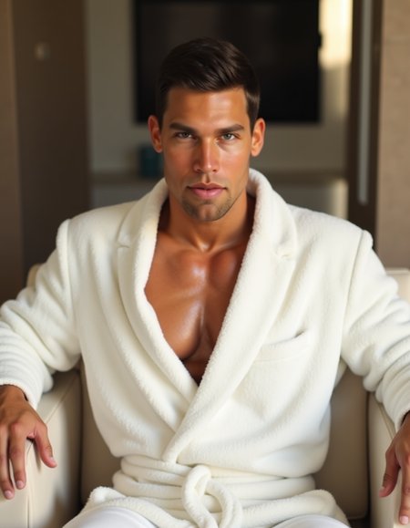 KrisEvas: , high-resolutiuon photograph, wearing fitted fluffy white bathrobe. He is sitting on a chair in the spa area of a luxurious hotel. The light creates a calming atmosphere. Cinematic still. Fullbody-shot. View from below
  <lora:aidmaRealisticSkin:0.3>   <lora:KrisEvas-000003:1>