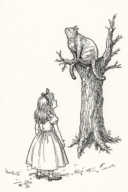 ehshep1 sketch.
joten1 illustration.
Back view of Alice in Wonderland, looking up at Cheshire Cat sitting on top of a tall tree.  <lora:ehshep2_cap_d6a3e12:1.0><lora:826244784822761207:0>