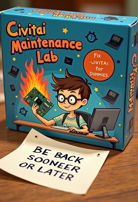 "Civitai Maintenance Lab"
The box features a nerd kid with round glasses holding a burning motherboard, sticker says 'Fix CIVITAI for dummies" The packaging is decorated with computer symbols,  a paper notice beside the box mentions "BE BACK SOONER OR LATER"