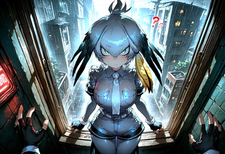 masterpiece, best quality, amazing quality, very aesthetic, absurdres,  newest,
1girl, solo, indoor, window,
shoebill (kemono friends),shoebill_(kemono_friends),grey hair,sidelocks,hair between eyes,black hair,head wings,long hair, grey shirt,short sleeves,collared shirt,gloves,black gloves,fingerless gloves,shorts,white necktie,pocket,breast pocket, grey_pantyhose,pov, looking at viewer,confused ,wet body, steaming body,?,
neon lights, future, futuristic city, graffiti, (rain),backlight,
(zyugoya:0.8),quasarcake:0.7, Fishine:0.7,
masterpiece, best quality, amazing quality, very aesthetic, absurdres,  newest,
<lora:shoebill_Illustrious:0.9>, <lora:cfg_scale_boost:0.7>, <lora:illustrious_noobai_epsilon_pred_11_very_aesthetic_v1:0.6>, <lora:illustrious_noobai_epsilon_pred_1_masterpieces_v1:0.6>, <lora:illustrious_noobai_epsilon_pred_1_best_quality_v1:0.6>