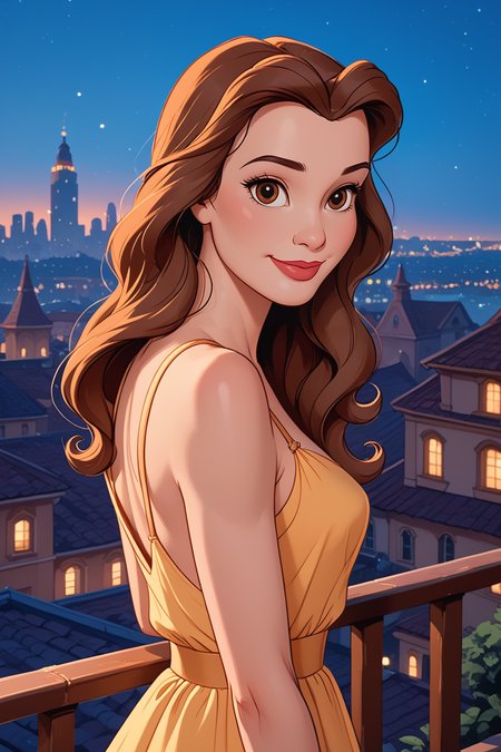 score_9, score_8_up, score_7_up,
<lora:DisneyBelle:0.8>
DisneyBelle, 1girl, brown hair, brown eyes, long hair, looking at viewer, confident smile, leaning against railing, looking back, rooftop terrace, city lights, nighttime