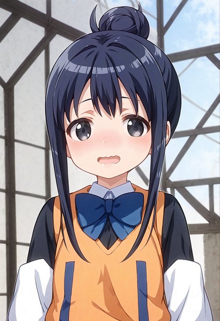 score_9, score_8_up, score_7_up, source_anime,  <lora:lowres_concept_ponyXL_v1:-0.3>
BREAK,
<lora:annaka_moe_PonyXL_v1-000015:1> annaka moe, single hair bun, long hair, black hair, black eyes, 
1girl, solo, 
wavy mouth, opened mouth,
nose blush ,
vivid indigo black shirt, orange vest blond __bottoms__ , 
cowboy shot, looking to the side, POV, Ancient Theatre bokeh, depth of field,