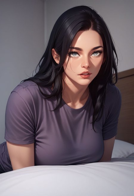 score_9, score_8_up, score_7_up, a1m333, woman, purple shirt, grey eyes , bedroom