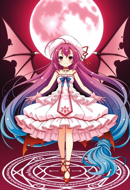 1girl, full moon, bat wings, magic circle, pink gloves, blue hair, pink hair, frilled dress, absurdly long hair, blue chest bow, tabard, smile, pink eyes, pink dress, antenna hair, choker, purple hair, multicolored hair, gradient hair, beret, white frills, hair bow, torn bow, sleeveless dress, jewelry, tooth necklace, full body, 
,masterpiece,best quality,amazing quality,
<lora:NoobV065sHyperDmd:.5> <lora:saitohimea_meipaws:1>