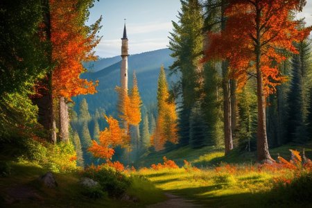 realistic analog photo, award winning photo, vary wide shot of stone witow tower:1.3, no humans, scenery, blue sky, auwo, in a autumn forest, dirt road, lush grassland, Wildflowers, nature, outdoors, RAW, highres, 8k, uhd, High Dynamic Range, tonemapping, crisp details,