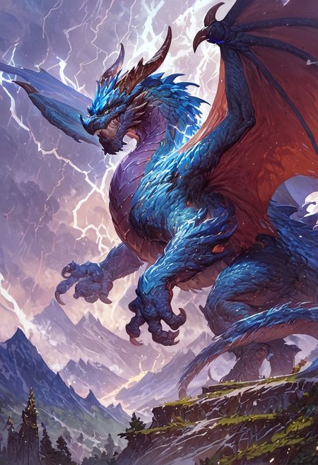 score_9, score_8_up, score_7_up, score_6_up, score_5_up, score_4_up, gigantic storm dragon, teeth, horns, long tail, wings, mountains, lightning aura,fantasy,solo focus,epic