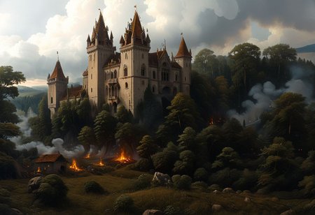 A Gothic castle with spires that reach towards the clouds, surrounded by a dark and mysterious forest,, Spotlighting, besieged by army, fires burning, soldiers storming ramparts, archers shooting arrows, battle raging, ambient occlusion, 8K, RTX 3090, trending on artstation, lumens  <lora:SDXLFaeTastic2400:0.8>  <lora:EnvyFeverDreamXL01a:0.7>   <lora:The_Classic:0.8>