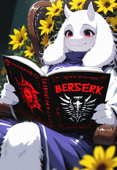 score_9, score_8_up, score_7_up, source_anime, hi res, masterpiece, highres, Lico_PS, very beautiful, toriel, cozy interior, sitting in chair, reading, reclining, yellow flowers, (white fur), ((fluffy face:0.8)), serene, close up, looking at book, reading berserk, book cover of berserk, red lettering, depth of field, (perfect eyes:1), smile, amazing quality,  intricate details , sometyome_illu ,xxx667_illu , reij-incs, reij-incs, flowing hair, thin black outline,
