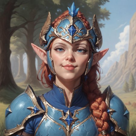 (((beautiful, high quality))), upper Body, score_9, score_8_up, score_7_up, Elf, pointed ears, small ears, auburn hair, hair braid, wide hips, curvy, 1girl, blue eyes, looking at the viewer, dynamic pose, blurred background, in the style of jeff-easley, oil painting, realistic, smile, (blue armor:1.2), massive armor, narrowed eyes, helmet, youthful face, lips closed, 