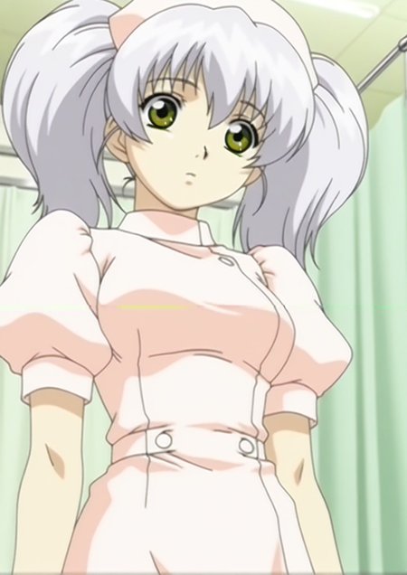 masterpiece,best quality,amazing quality,<lora:Nogami_Illustrious_from_Night_Shift_Nurse:1>,nogami,solo,1girl,yellow eyes,grey hair,puffy sleeves,meme,close-up,green eyes,twintails,anime screencap,anime coloring,nurse dress,cowboy_shot,hospital,2000s style,