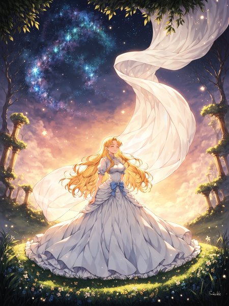 score_9, score_8_up, score_7_up, BREAK,  
studio ghibli style, magical night scene, 1girl, extremely long hair, white  frill dress, mystical forest, glowing lights, bioluminescent plants, night sky, stars, soft lighting, detailed background, intricate details, highly detailed, ultra detailed, hyper detailed, complex background, highres, masterpiece, best quality, lush vegetation, whimsical, serene, tranquil, fantasy, ethereal, warm atmosphere, gentle breeze, peaceful, childlike wonder, enchanted path