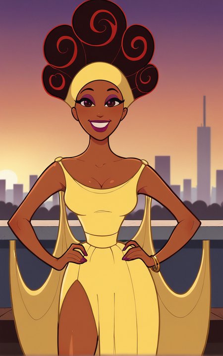 score_9, score_8_up, score_7_up, looking at viewer,  BREAK  
YellowDress_Muse_Calliope_ownwaifu, 
1girl, afro, big hair, breasts, brown eyes, brown hair, curly hair, dark skin, dark-skinned female, eyeshadow, hair up, hairband, lips, long hair, makeup, very dark skin, lipstick, medium breasts, colored skin, 
yellow dress, yellow headband, cape, bare shoulders, cleavage, sleeveless dress, strap slip, bracelet, long dress, off shoulder, side slit,
(contrapposto, hand on hip), sunset, sidelighting, cityscape, outdoors, <lora:PONYXL_Hercules_Muse_Calliope_ownwaifu:1> , depth of field, solo,