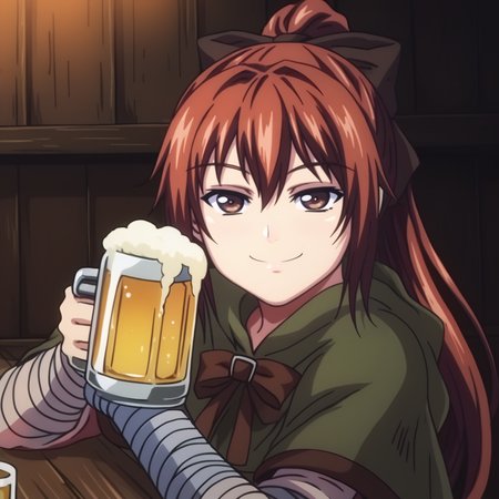 score_5,score_4_up,  tavern, beer, drinking, sitting, <lora:BulletBarret_Residence:1>, female1, solo, 1girl, long hair, hair bow, ponytail,  brown hair, brown eyes, capelet, looking at viewer, bandaged arm, long sleeves, upper body, portrait, smile,