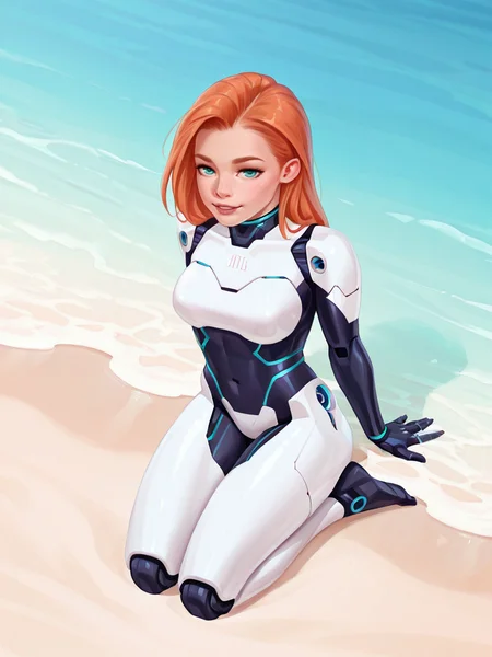 cybernetic style <lora:Rino99Quiron_Style_ilus:1> ,  Rino99Quiron, realistic and detailed woman seductive , small freckle, realistic style, infinite ultra high definition image quality and rendering, infinite image detail, infinite realistic render, infinite realistic RTX global illumination, infinite special effect., A place flooded by the sea and with beach sand,  from above,  , kneeling,  , 
golden hour lake,  . futuristic, technological, cybernetic enhancements, robotics, artificial intelligence themes
