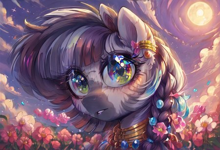 In the style of [DimWitDog 0.50 & PyroPK 0.80 & Alcor Art 0.10], (pony: 1.5), mare, my little pony, solo, (Zebra Zekora: 1.5), sea-green eyes, long hair, braid on the side, flowers in the hair, [blue | white] & hair ribbons, [gold | red], gold hoof bracelets, gold large earrings, with precious stones, [green | red]. Standing, looking at the sky. Background, outside, field, (forest in the distance: 0.8), river, [left | right], (evening: 1), the sun is half below the horizon, fluffy clouds, [night 1.5 above & sunset 0.8 below], the moon is high above the horizon. Lots of details, detailed hair, detailed genitals, high quality rendering, detailed eyes, beautiful coloring, score_9, score_8_up, score_7_up, score_6_up.