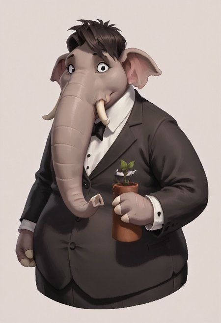 score_8_up, BREAK, Woolie, solo, female,  anthro, black eyes, elephant ears,<lora:Woolie_PXL_Leaf1:0.8>, (anthro female elephant:1.2), elephant_cow, grey skin, obese, flat chest, slimegirlsfw, slimegirlsupremacy, wearing a tuxedo,