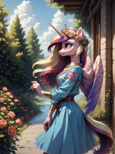score_9, score_8_up, score_7_up, score_6_up, (realistic illustration:1.2),  1girl, solo, (Princess Cadance:1.2) \(mlp\), (anthro pony:1.1), tail, medium breast, blue dress, red belt, cute, (flower crown:1.2), unicorn horn, (big feathered wings:1.1),
spring, flowering trees, outside, walking, wind, (side view:1.3),
<lora:Ukrainian_embroidered_shirt:1> Vyshyvanka, Ukrainian embroidered shirt, embroidered shirt, <lora:Anime Summer Days 2 Style SDXL_LoRA_Pony Diffusion V6 XL:0.5> <lora:Realistic000003_1_2.5DAnime_0.05_Merge1:0.5>  <lora:MegaFluffyPony:0.5> MegaFluffyPony, furry, fluffy