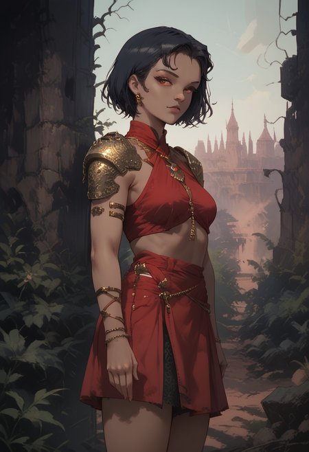 female focus, score_9, score_8_up, score_7_up, 
portrait, 1girl, PoE2Sorcceres, PoE2Sorcceresbaseoutfit, 1girl, jewelry, shoulder armor, female focus, dark-skinned female, short hair, black hair, anklet, red skirt, skirt, armor,