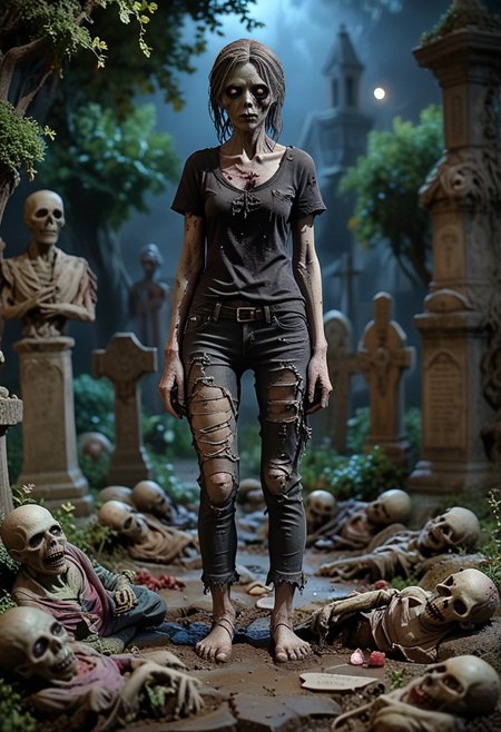 (medium full shot) of (gruesome zombie) feminine, Medium body,  wearing shadowy black tattered shirt, torn pants, muddy barefoot, rotting flesh effect, torn bandages, set in  a decrepit cemetery, with overgrown paths, dilapidated mausoleums, eerie statues, and chilling silence, at night, Masterpiece,best quality, very aesthetic,