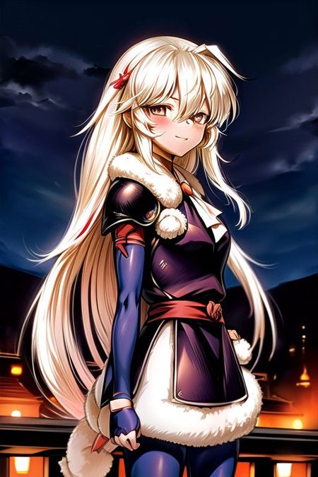 best quality 1girl Setsun4 solo long hair,  (night time) forest background black hair very long hair purple eyes multicolored hair armor, small, (fur trim) (medium body),<lora:EMS-179-EMS:0.800000>,<lora:EMS-293862-EMS:0.800000> bow, hair_bow, hair_tubes, red_bow, brown_hair, long_hair, bangs, ascot, frilled_bow, yellow_ascot, blush, smile, hair_between_eyes, athletic, armor, miko, strengthmda,  Smiling, happy
