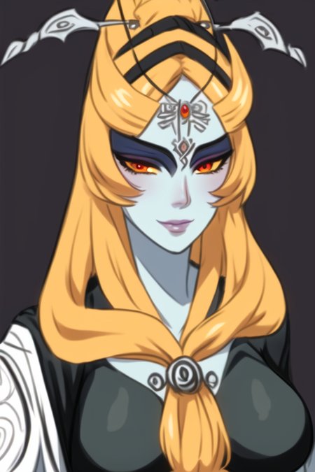 masterpiece, best quality, portrait of midna, dusk, full body, pelvic curtain, legs, slim, 1girl, breasts, colored sclera, blue skin, forehead jewel, front ponytail, grey skin, large breasts, lips, long hair, looking at viewer, midna, orange hair, solo, yellow sclera