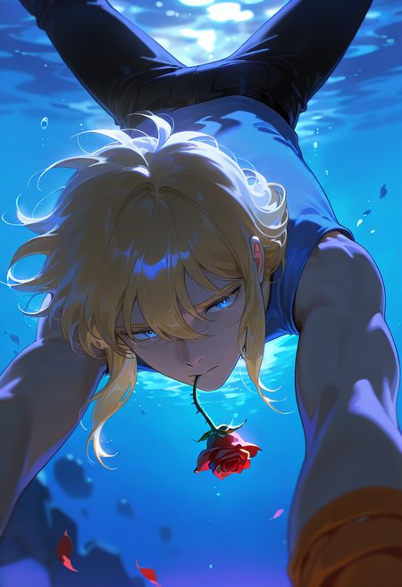 1boy,underwater,pov,from below,(blue theme:1.7),(purple theme:1.5),(limited palette:1.5) BREAK
<lora:Cygnus_Hyoga_Saint_Seiya_ILXL:1>cygnhyoilxl,cygnhyoplain,1boy,blue eyes,slender figure,toned male,wavy blonde hair,blue sleeveless shirt,blue wristbands,black pants,orange leg wraps,facing viewer,(sad),(mouth hold,red rose),floating rose petal,top down,swimming,reaching towards viewer,(blue theme:1.7),bokeh, very awa, masterpiece, best quality, amazing quality, very aesthetic, absurdres, newest, scenery, (volumetric lighting), <lora:spo_sdxl_10ep_4k-data_lora_webui:1>