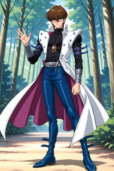 masterpiece,best quality,amazing quality, SetoKaibaYGOILXL, retro artstyle, 1boy, blue eyes, brown hair, short hair, hair between eyes, pectorals, turtleneck, white coat, open coat, black shirt, long sleeves, arm belt, necklace, guantlets, grey belt, blue pants, blue shoes, solo, full body, standing, waving, seductive smile, looking at viewer, naughty face, nose blush, forest, tree   <lora:SetoKaibaYGOILXL:1>