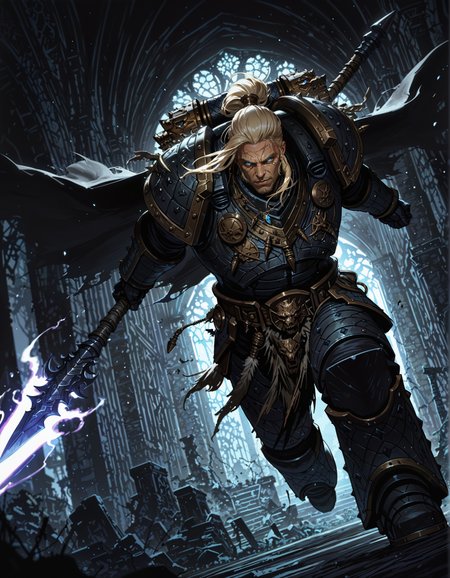 masterpiece, best quality,high quality, newest, highres,8K,HDR,absurdres, 1boy, iLLemanR40K, solo, armor, necklace, holding a spear, shadowy aura, ancient ruins, cursed weapon, tattered cape, battle stance, ethereal mist, detailed background, depth of field, dynamic pose, foreshortening, cinematic lighting, dramatic shadows, enchanted symbols, intricate magic patterns, deep color contrast, gothic architecture, dark theme, high fantasy setting., detailed background, dynamic pose, dynamic composition,dutch angle, detailed backgroud,foreshortening,blurry edges <lora:iLLemanR40K:1>  <lora:iLLMythAn1m3Style:0.8> MythAn1m3