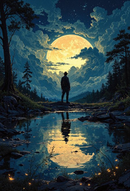 masterpiece, high-quality, hyperdetailed, refined details, best quality, high resolution, A shadow puppeteer whose stage is not cloth but the surface of a still lake at twilight, puppets are not wood but reflections of stars and passing clouds manipulated to tell stories on the water's surface, fireflies dance around the edges of the lake illuminating the ephemeral shadow play, medium shot from the side capturing the puppeteer and the reflected shadow show on the lake surface, Style is Ephemeral Water Reflection Fantasy, focus on light and shadow play on water, serene and magical, sense of fleeting beauty and storytelling, <lora:FLUX\Anime v1.3:0.5> <lora:FLUX\FLUX-daubrez-DB4RZ:0.3> <lora:FLUX\VividlySurrealOrigin:0.6>