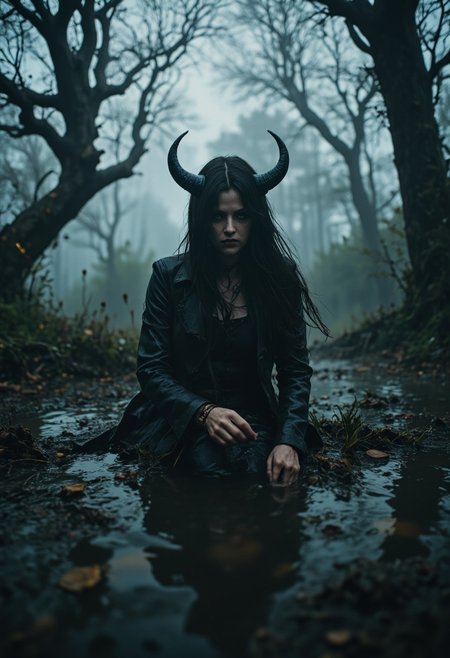 nistyle, ethdysty, an eerie dark cinematic still of an ghostly devil nymph amidst a swamp, desaturated light, moody fog, Upper Body Shot, Closeup Portrait,